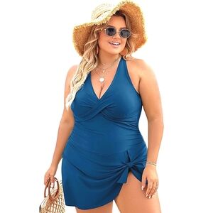 NWT Blooming Jelly Swimdress Swimsuit 1 Piece Criss Cross Strap Teal Modest 4XL